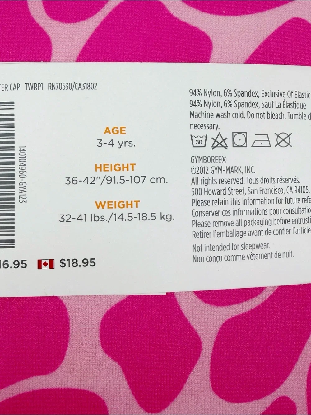 Gymboree 2012 Lovable Giraffe Pink Tights Size 3-4 Years